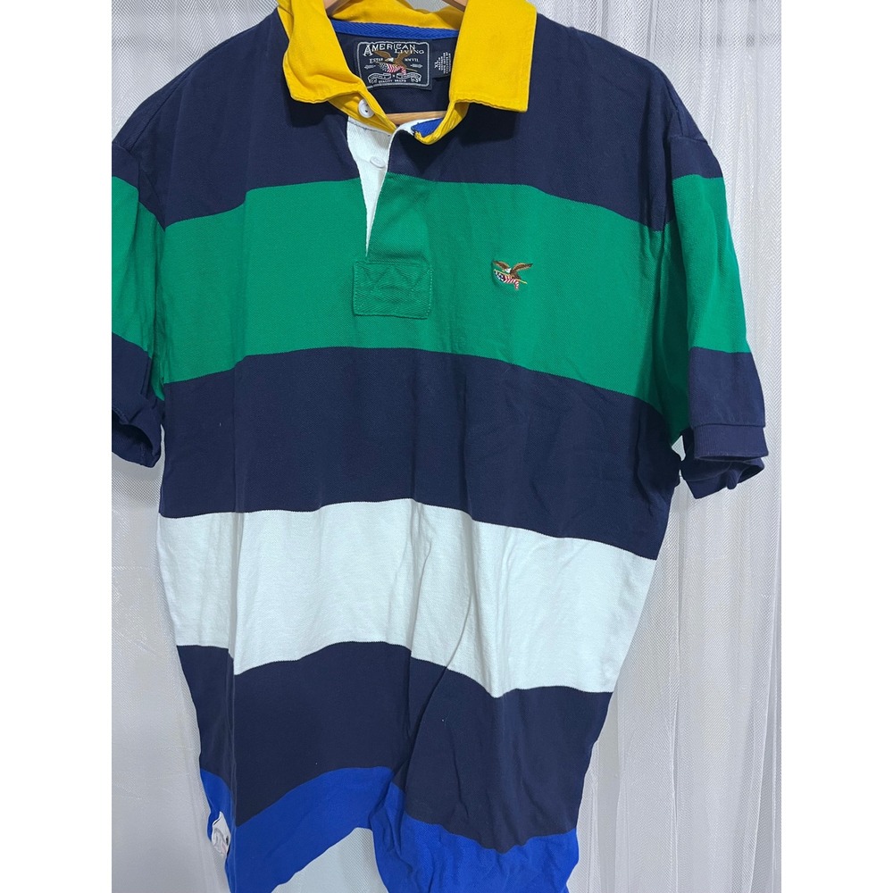American Living Mens XL Rugby Polo Shirt Short Sleeve‎ Striped Eagle Embroidered
